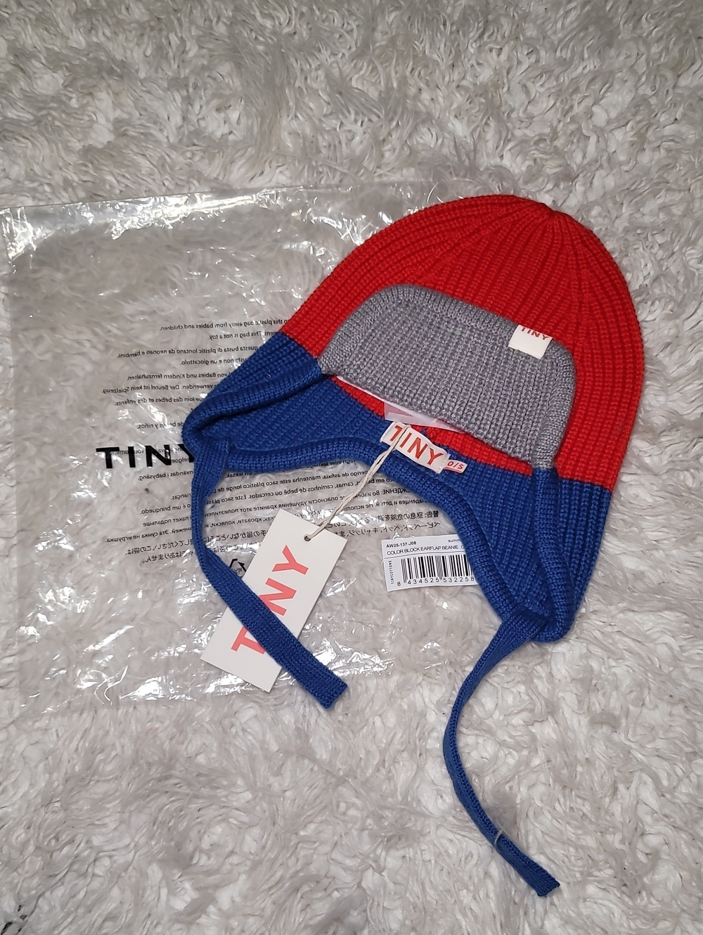 TINY Colorblock Earflap Hat for Kids - Red, Blue & Gray